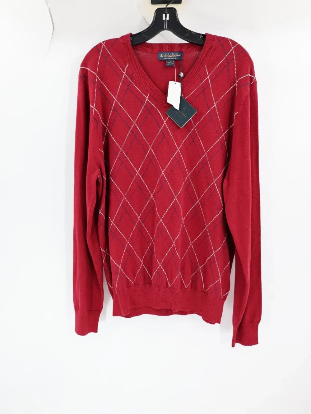 NWT Brooks Brothers Sweater Mens Large Argyle Supima Cotton V Neck knit golf